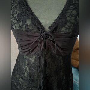 Vintage Black Lace Nightgown Sheer Slip Dress Tie Front Romantic Goth